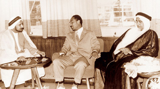 HH Sheikh Ali Bin Abdullah Al Thani, Former Ruler of Qatar, HE Mr. Anwar Sadat, Former President of Egypt, and Mr. Abdullah Darwish